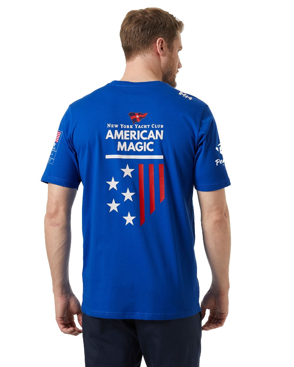 Am Cobalt 2.0 coloured Helly Hansen Mens American Magic Cotton T-Shirt on white background 