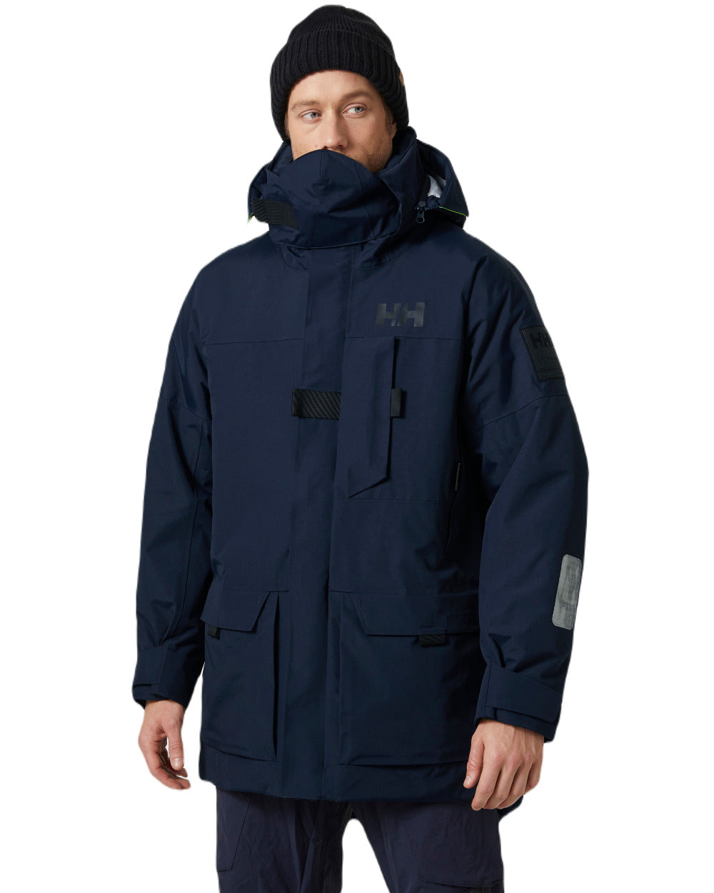 Navy Coloured Helly Hansen Mens Arctic Ocean H2FLOW Parka On A White Background 