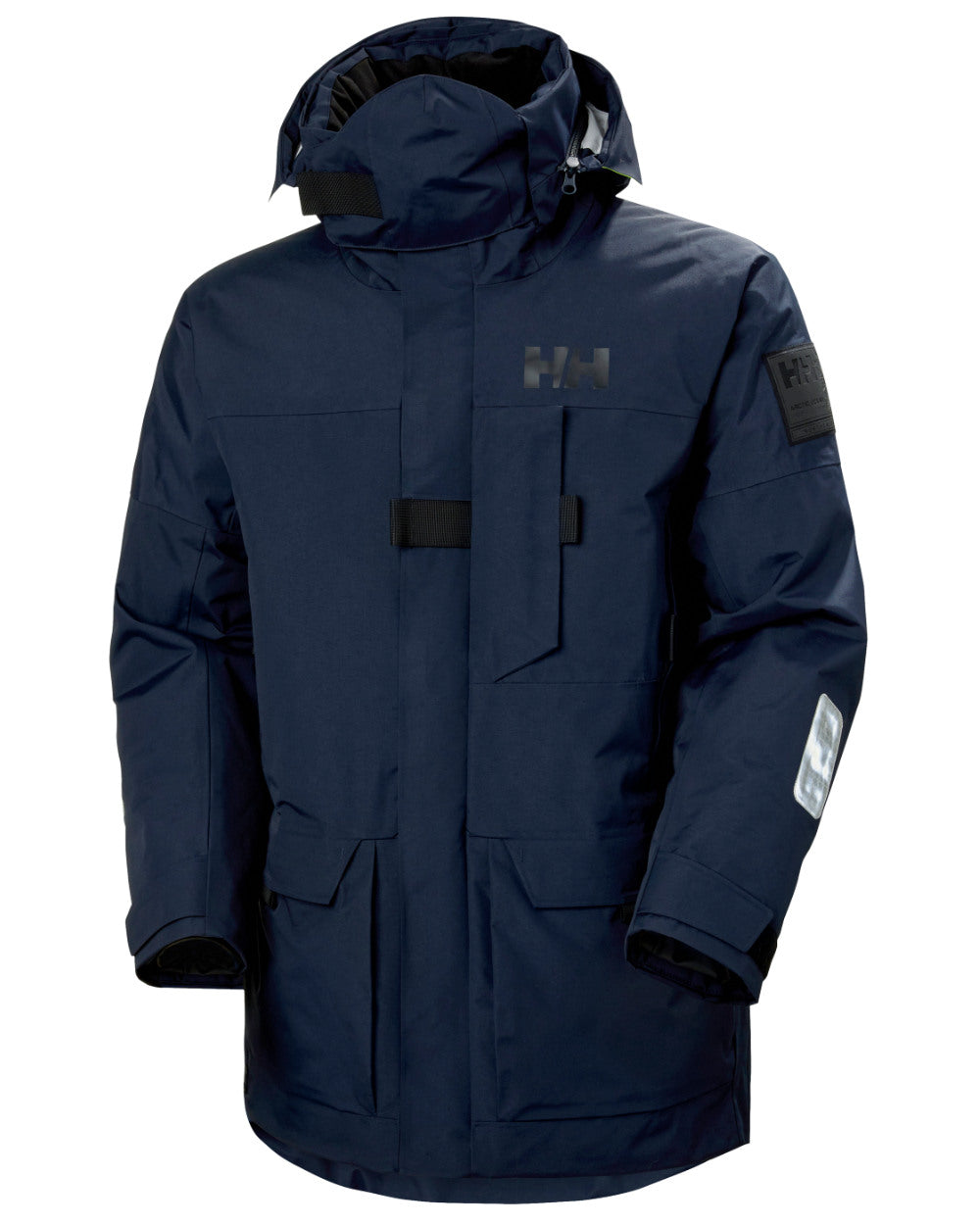 Navy Coloured Helly Hansen Mens Arctic Ocean H2FLOW Parka On A White Background 