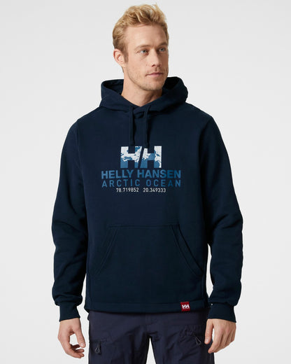 Navy coloured Helly Hansen Mens Arctic Ocean Hoodie on grey background 