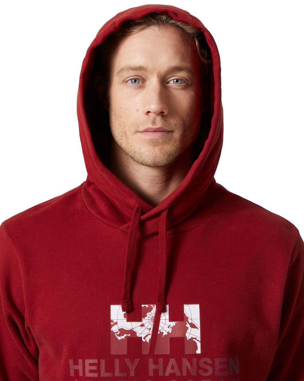 Oxblood coloured Helly Hansen Mens Arctic Ocean Hoodie on white background 