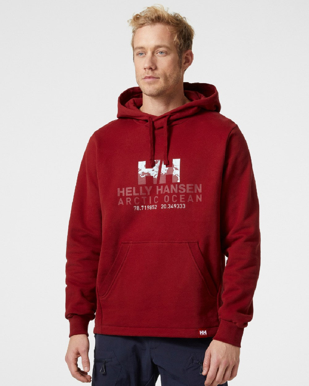 Oxblood coloured Helly Hansen Mens Arctic Ocean Hoodie on grey background 