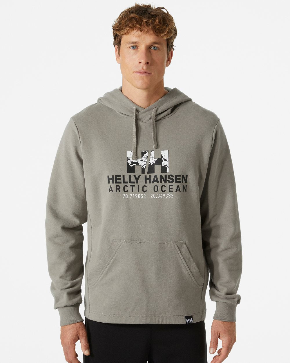Terrazzo coloured Helly Hansen Mens Arctic Ocean Hoodie on grey background 