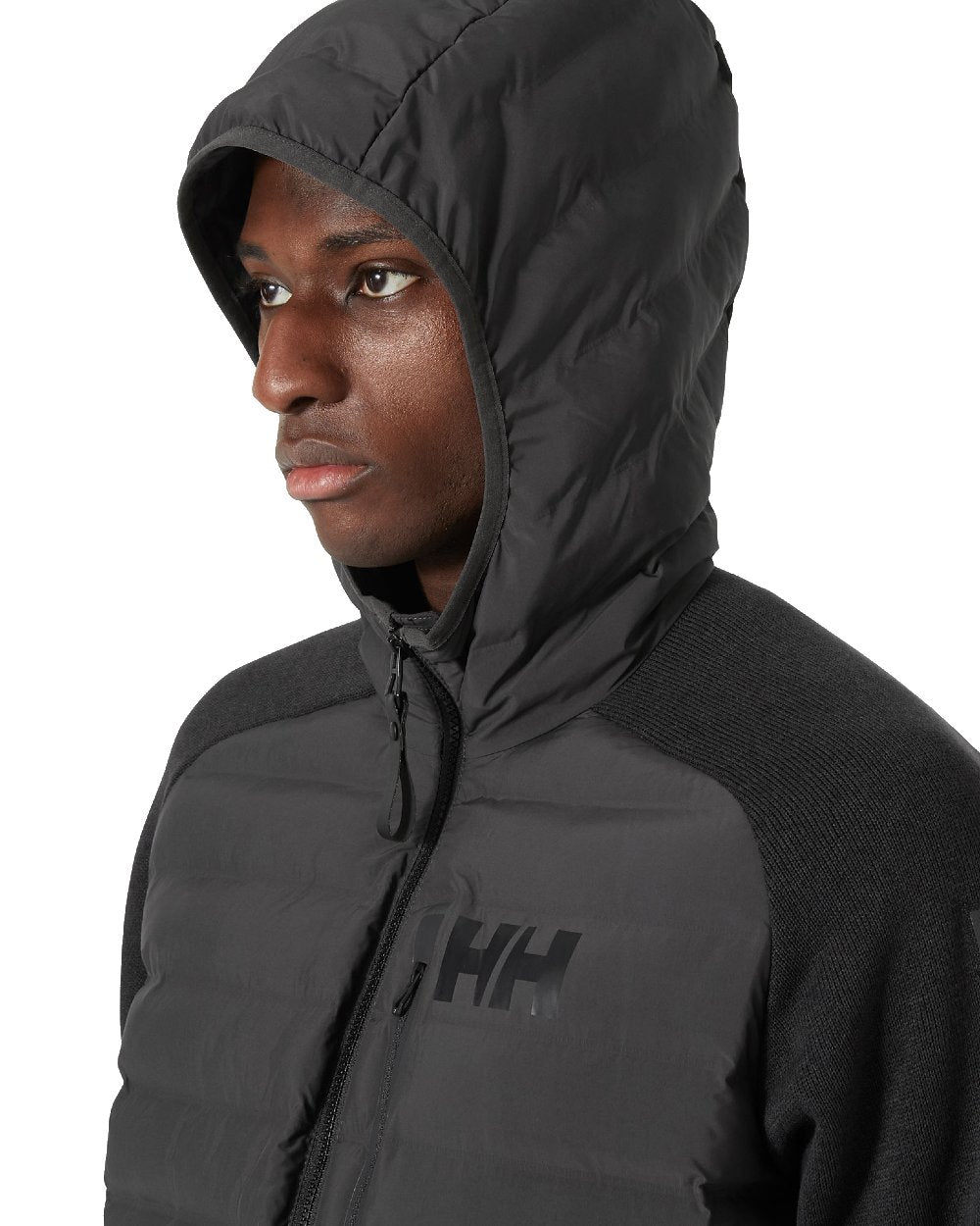 Ebony coloured Helly Hansen Mens Arctic Ocean Hybrid Insulator Jacket on white background 