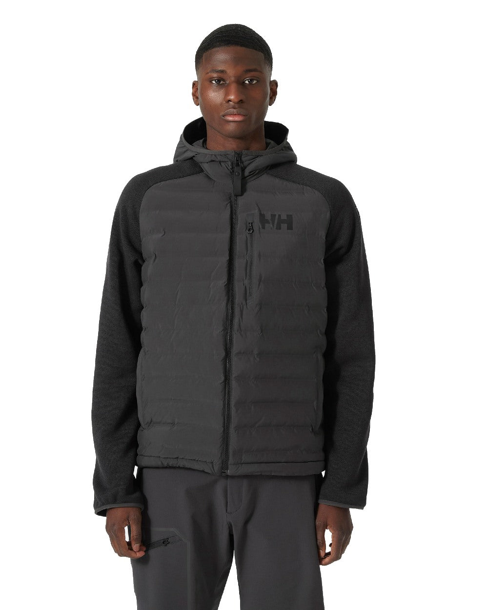 Ebony coloured Helly Hansen Mens Arctic Ocean Hybrid Insulator Jacket on white background 