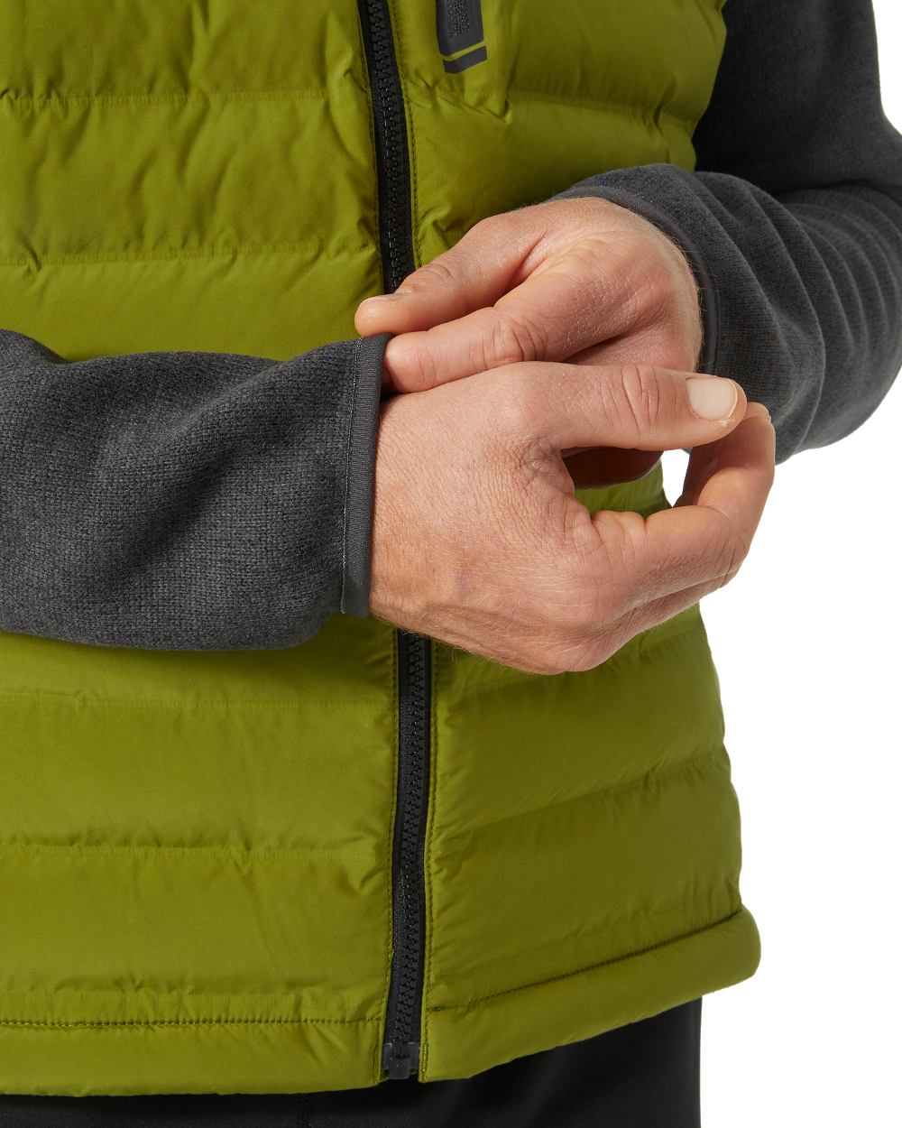 Olive Green coloured Helly Hansen Mens Arctic Ocean Hybrid Insulator Jacket on white background 