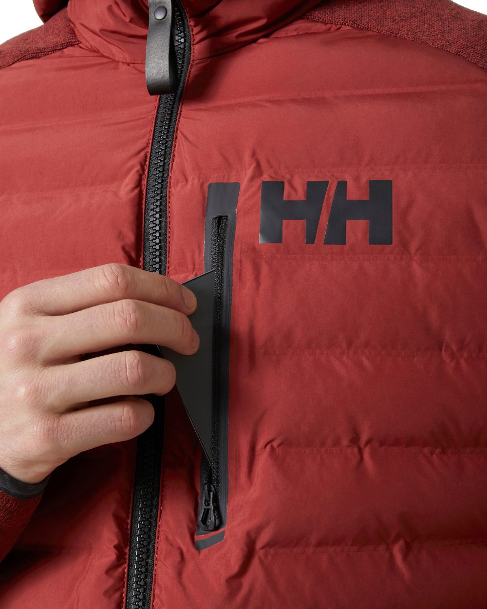 Oxblood coloured Helly Hansen Mens Arctic Ocean Hybrid Insulator Jacket on white background 