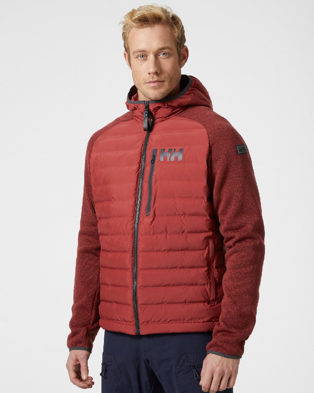 Oxblood coloured Helly Hansen Mens Arctic Ocean Hybrid Insulator Jacket on grey background 