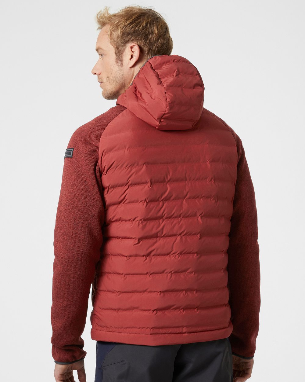 Oxblood coloured Helly Hansen Mens Arctic Ocean Hybrid Insulator Jacket on grey background 