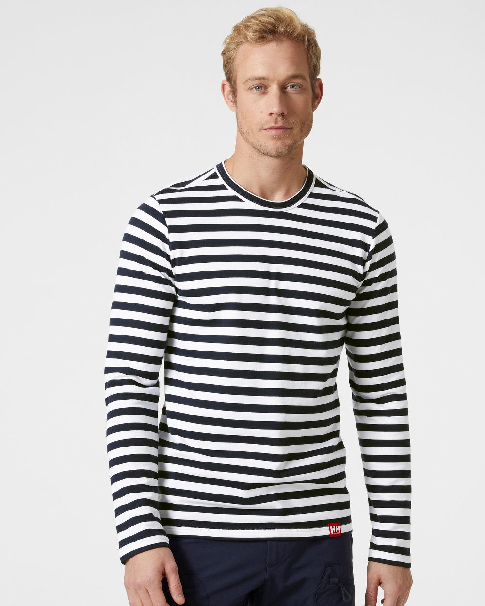 Navy Stripe coloured Helly Hansen Mens Arctic Ocean Long Sleeve T-Shirt on grey background 