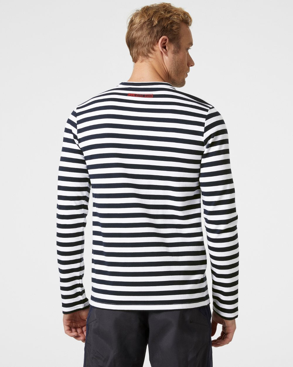 Navy Stripe coloured Helly Hansen Mens Arctic Ocean Long Sleeve T-Shirt on grey background 