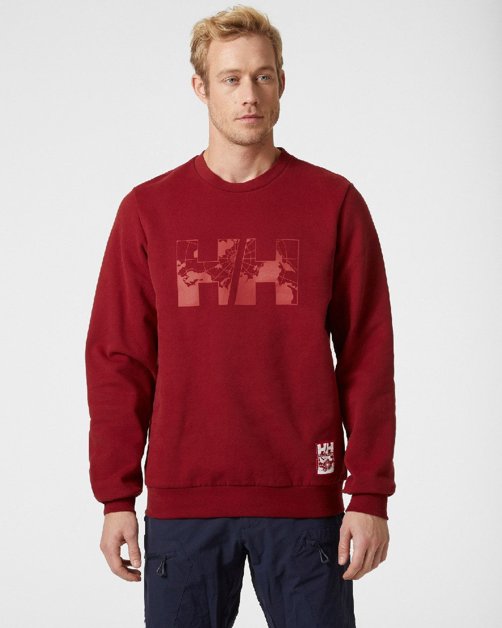 Oxblood coloured Helly Hansen Mens Arctic Ocean Sweatshirts on grey background 