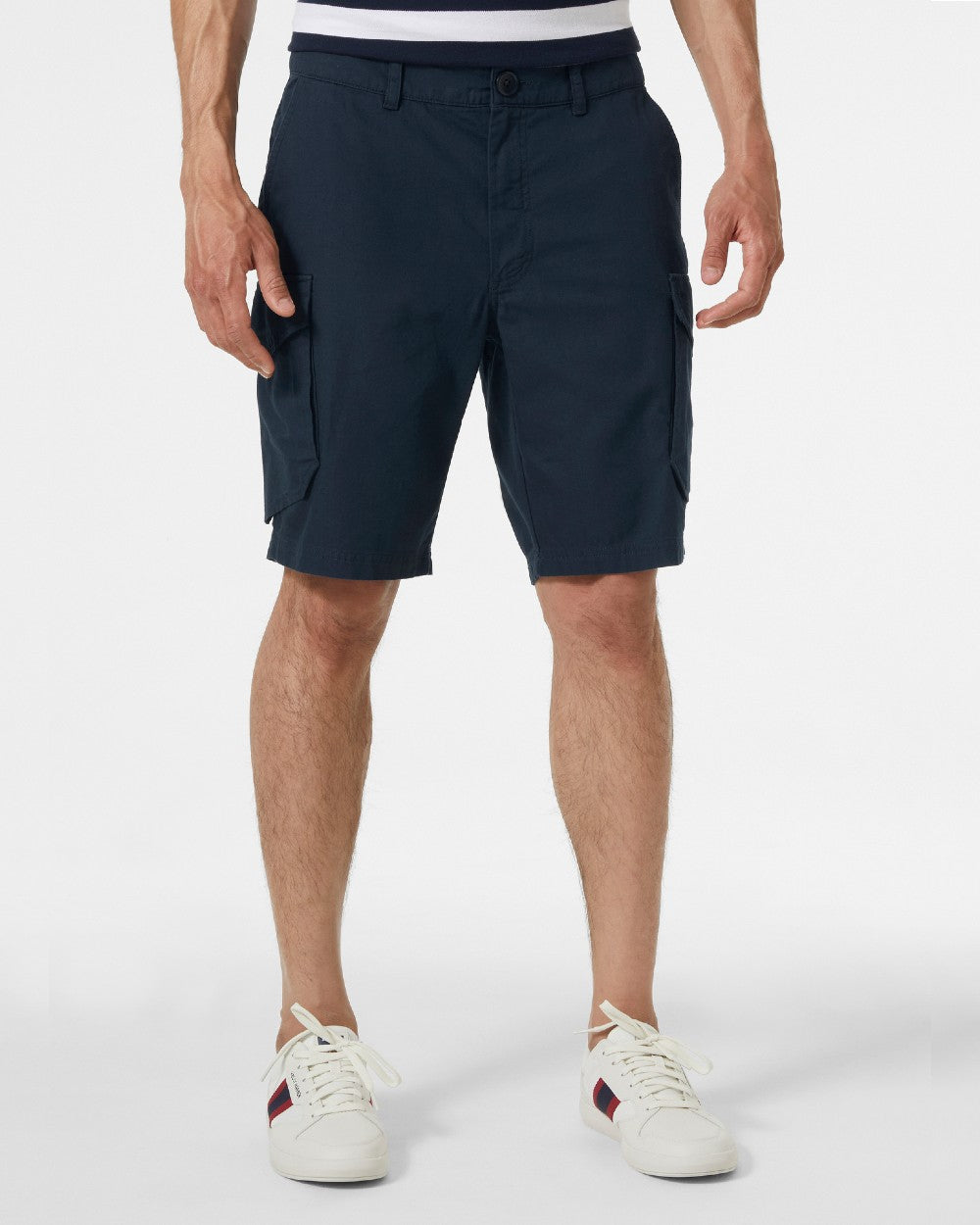 Navy coloured Helly Hansen Mens Dock Cargo Shorts on grey background 