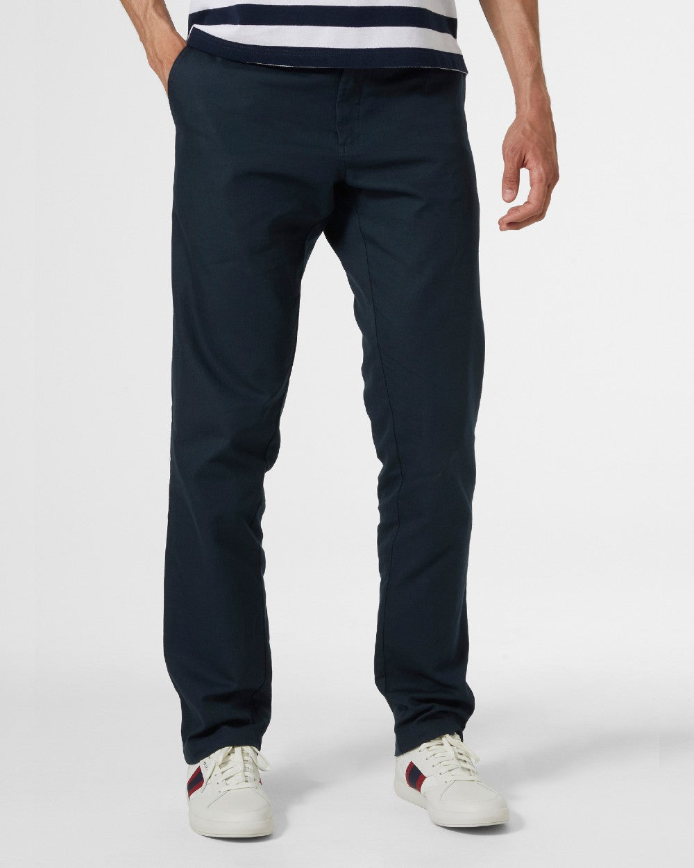 Navy coloured Helly Hansen Mens Dock Chinos on grey background 