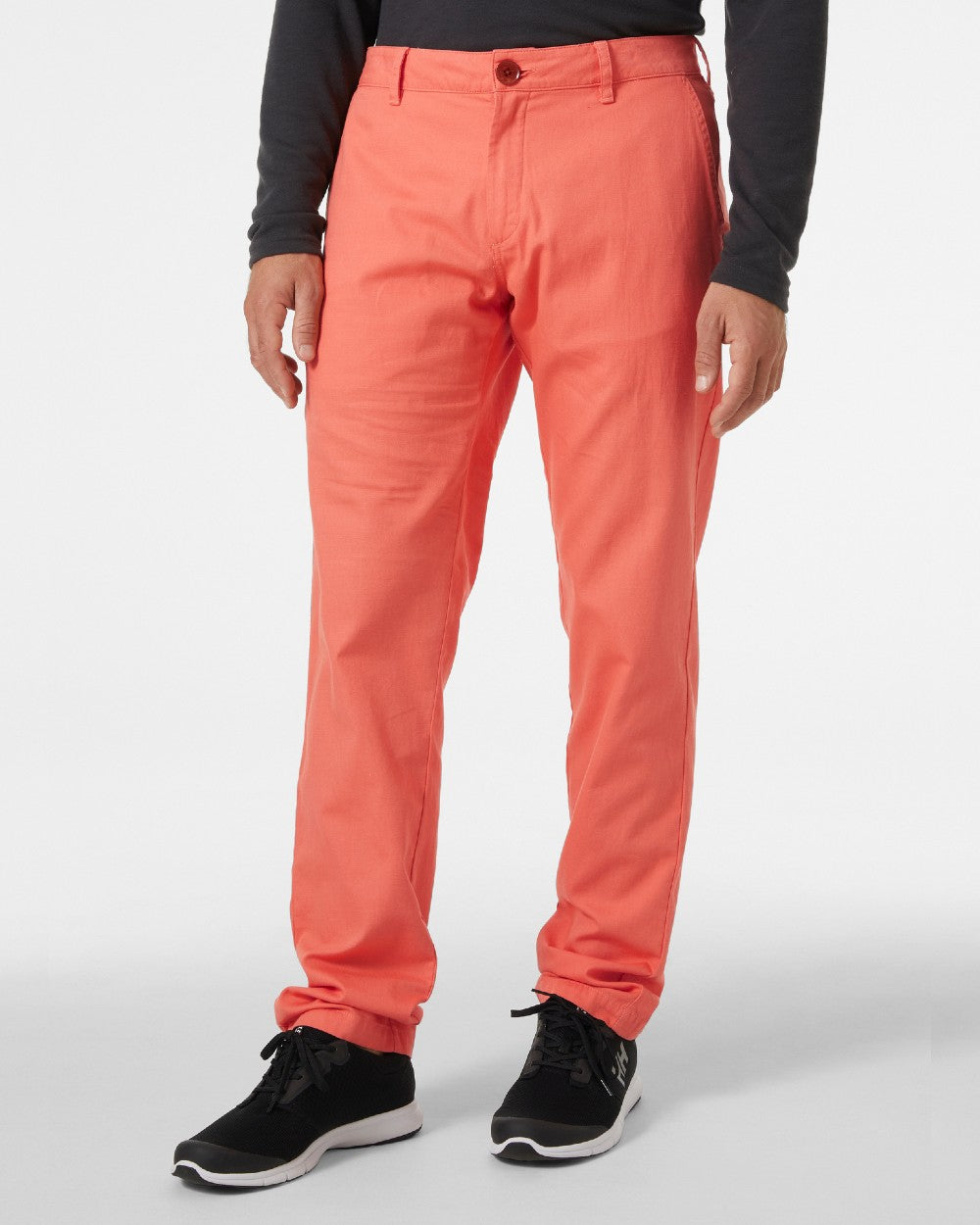 Peach Echo coloured Helly Hansen Mens Dock Chinos on grey background 