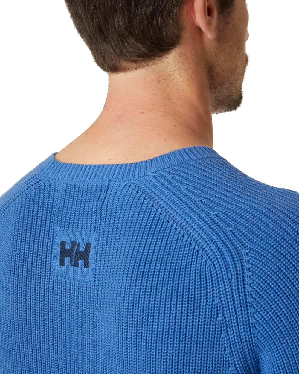Azurite coloured Helly Hansen Mens Dock Ribknit Sweater on white background 