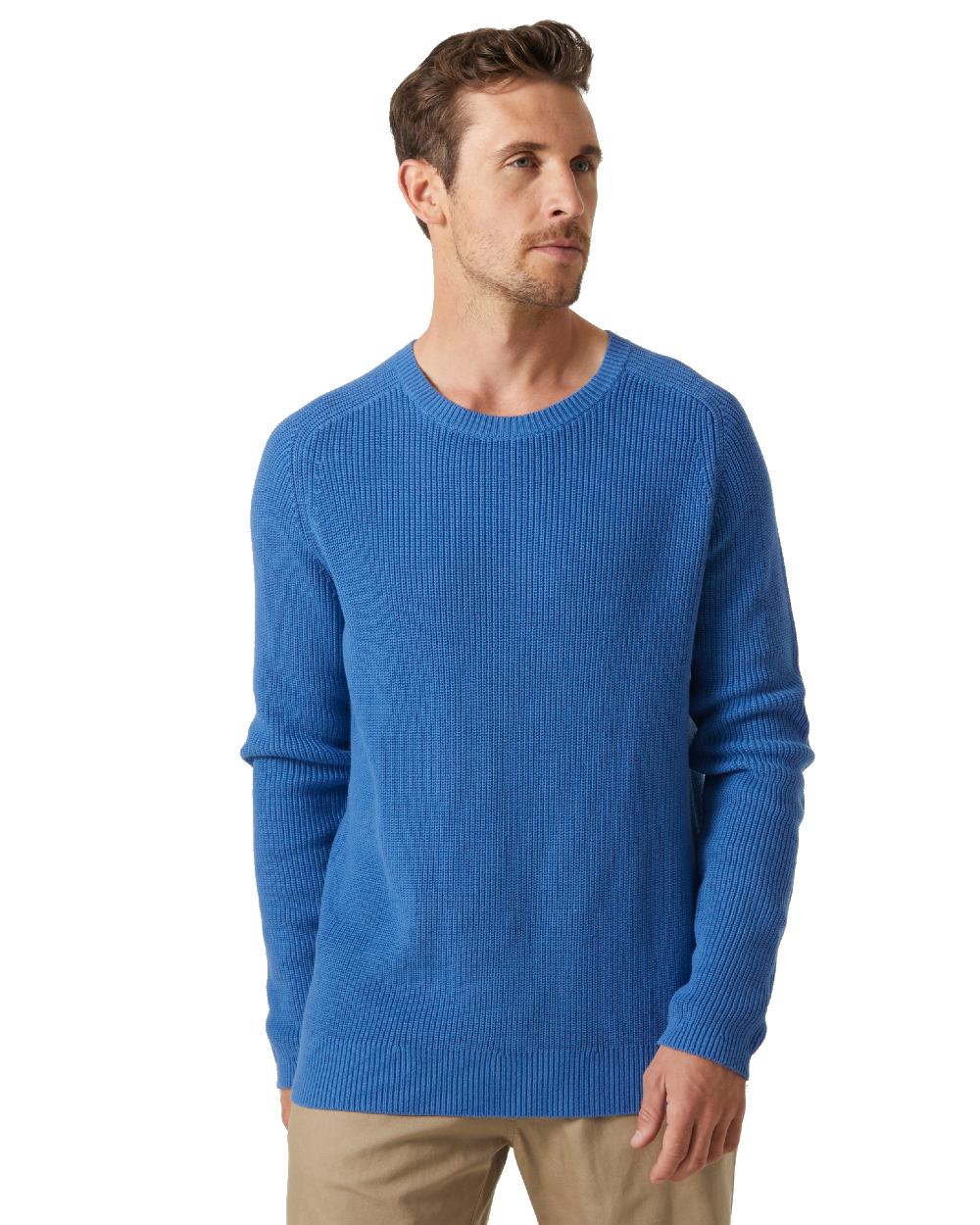 Azurite coloured Helly Hansen Mens Dock Ribknit Sweater on white background 