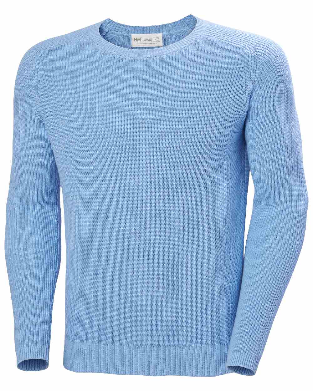 Bright Blue coloured Helly Hansen Mens Dock Ribknit Sweater on white background 