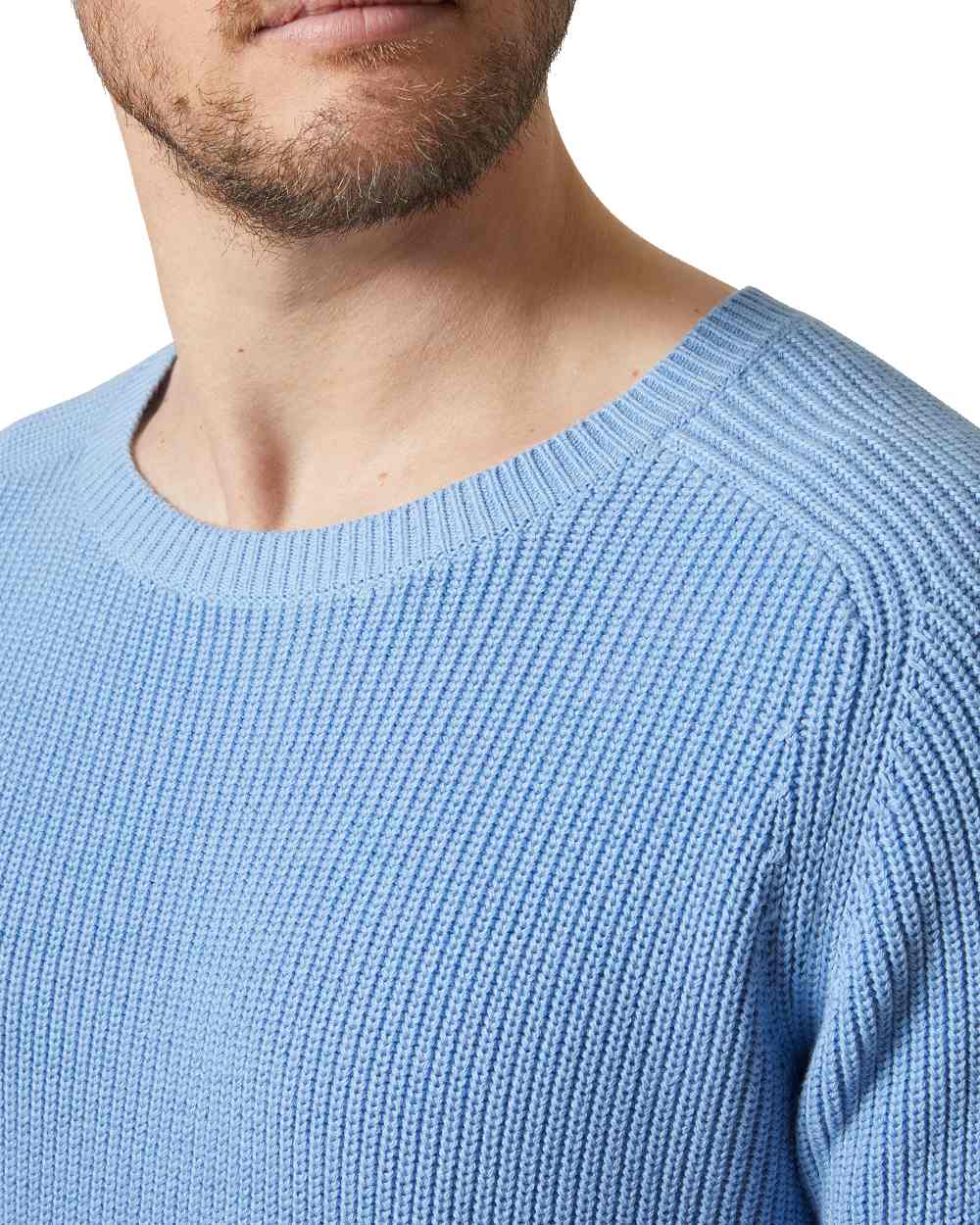 Bright Blue coloured Helly Hansen Mens Dock Ribknit Sweater on white background 