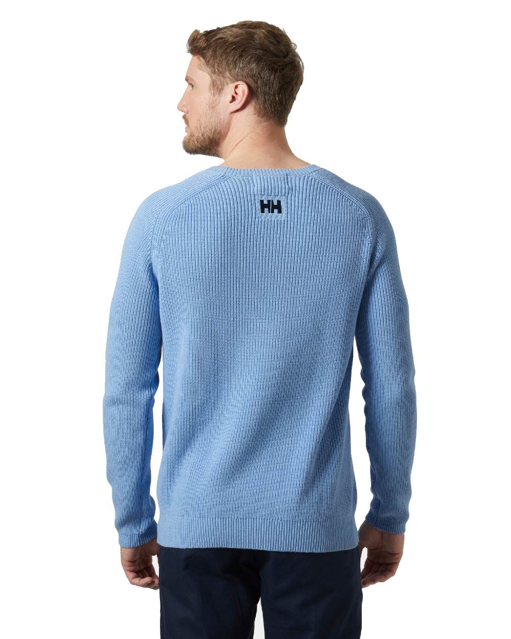 Bright Blue coloured Helly Hansen Mens Dock Ribknit Sweater on white background 