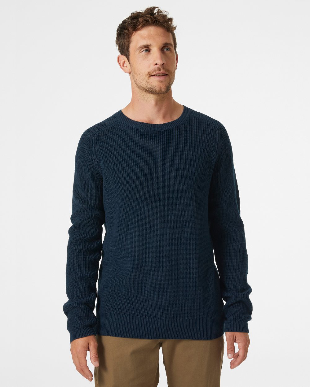 Navy coloured Helly Hansen Mens Dock Ribknit Sweater on grey background 