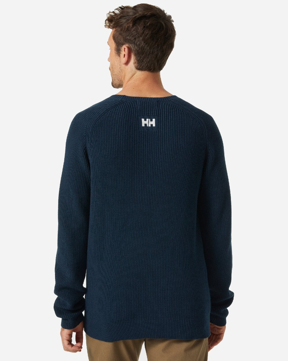 Navy coloured Helly Hansen Mens Dock Ribknit Sweater on grey background 