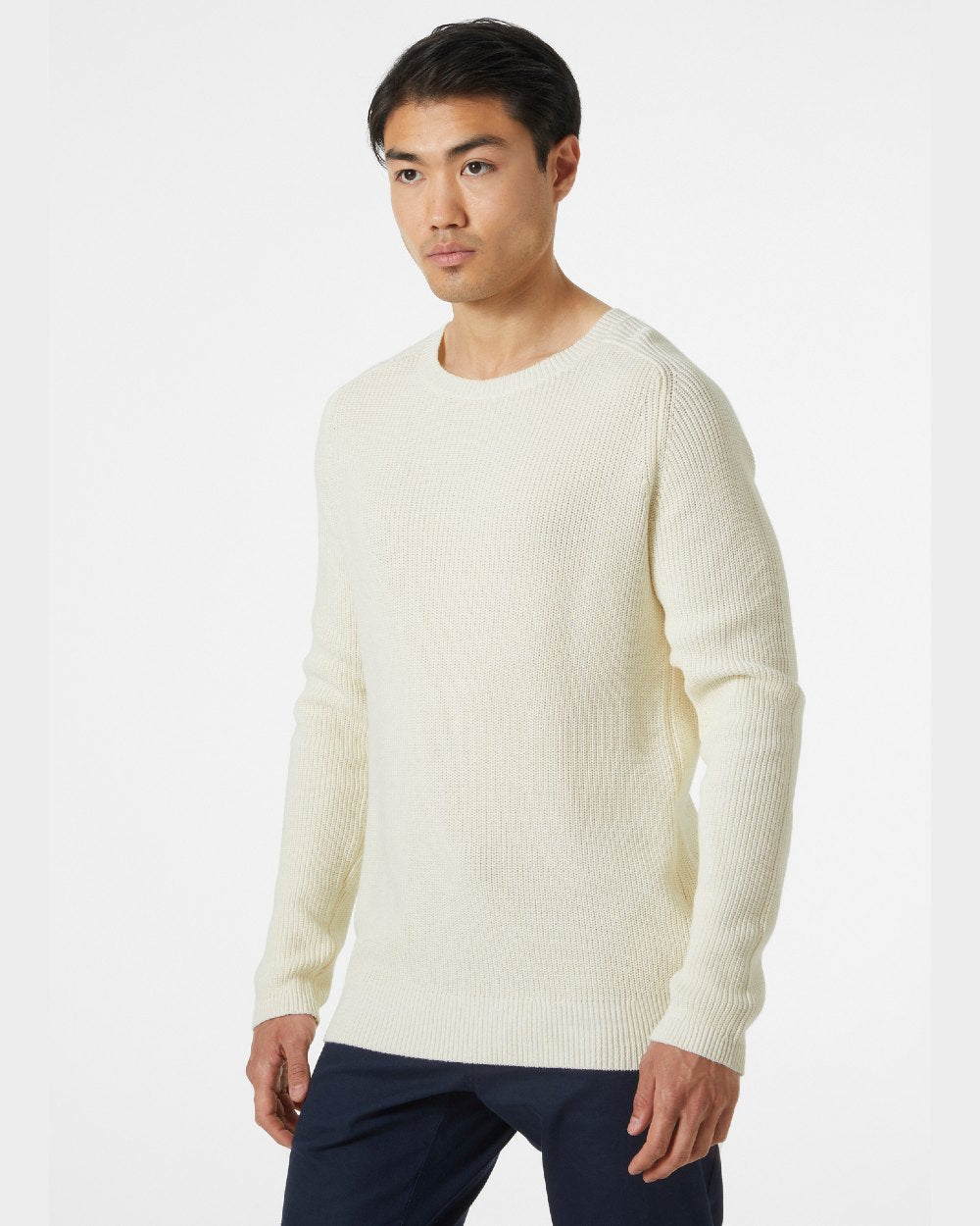 Snow coloured Helly Hansen Mens Dock Ribknit Sweater on grey background 