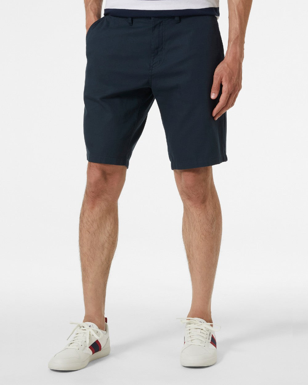 Navy coloured Helly Hansen Mens Dock Shorts on grey background 