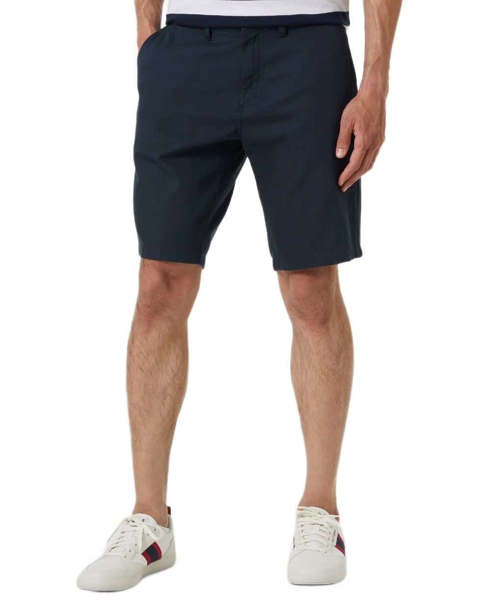 Navy coloured Helly Hansen Mens Dock Shorts on grey background 