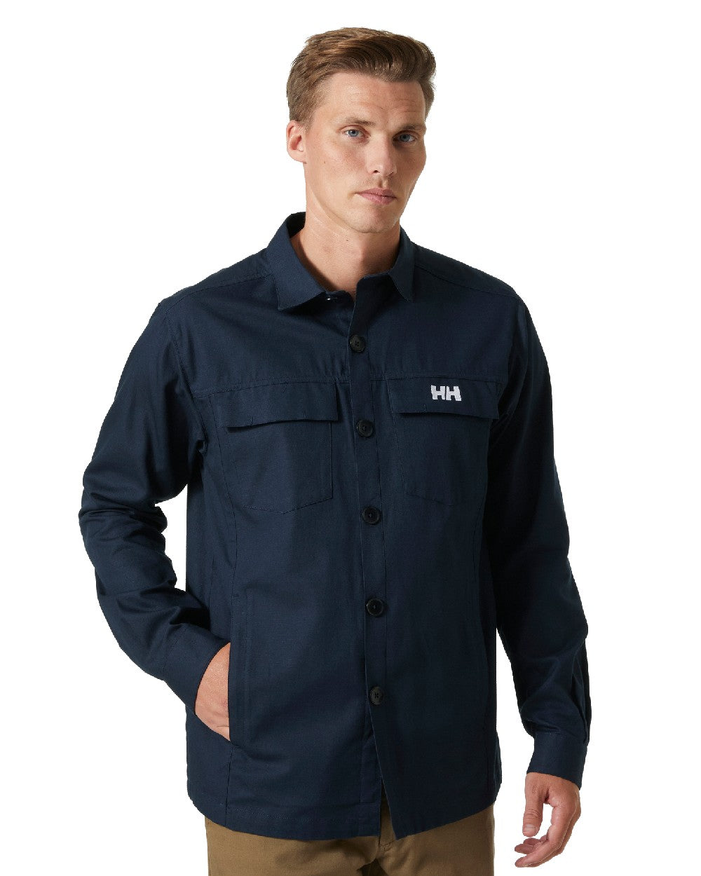 Navy coloured Helly Hansen Mens Dock Work Shacket on white background 