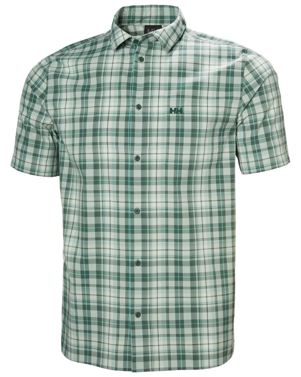 Green Mist Shore Plaid Coloured Helly Hansen Mens Fjord Quick Dry Short Sleeve Shirt 2.0 on White Background
