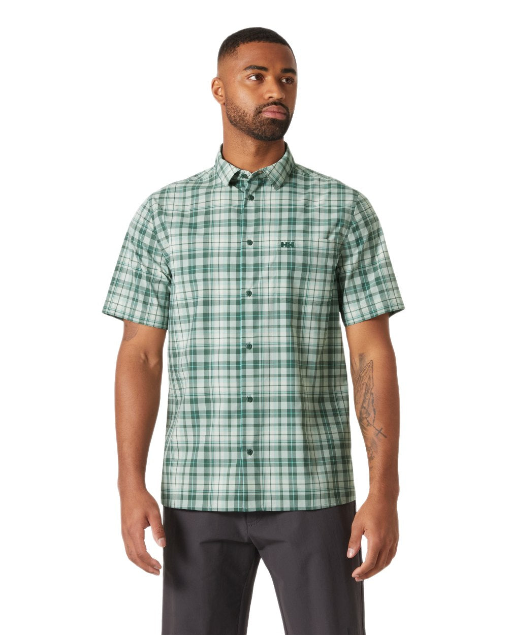 Green Mist Shore Plaid Coloured Helly Hansen Mens Fjord Quick Dry Short Sleeve Shirt 2.0 on White Background
