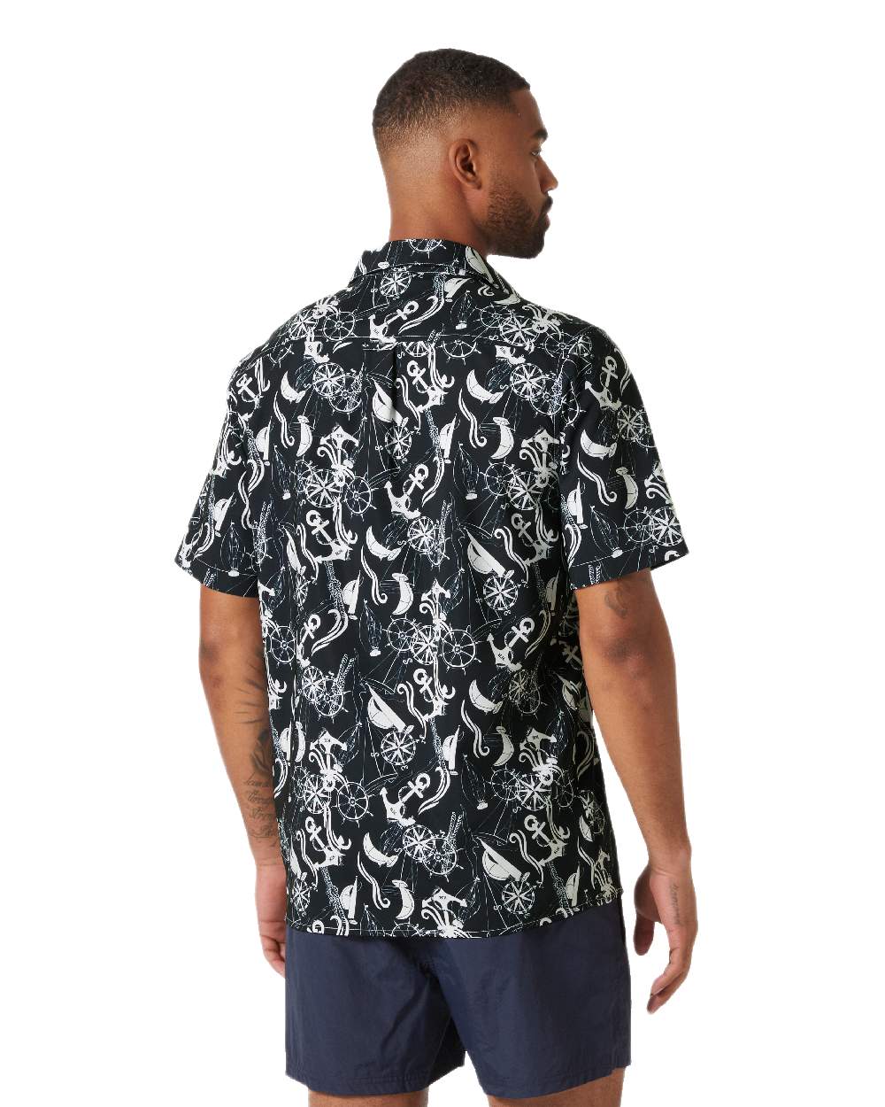 Navy Nautical Aop Coloured Helly Hansen Mens Fjord Quick Dry Short Sleeve Shirt 2.0 on White Background
