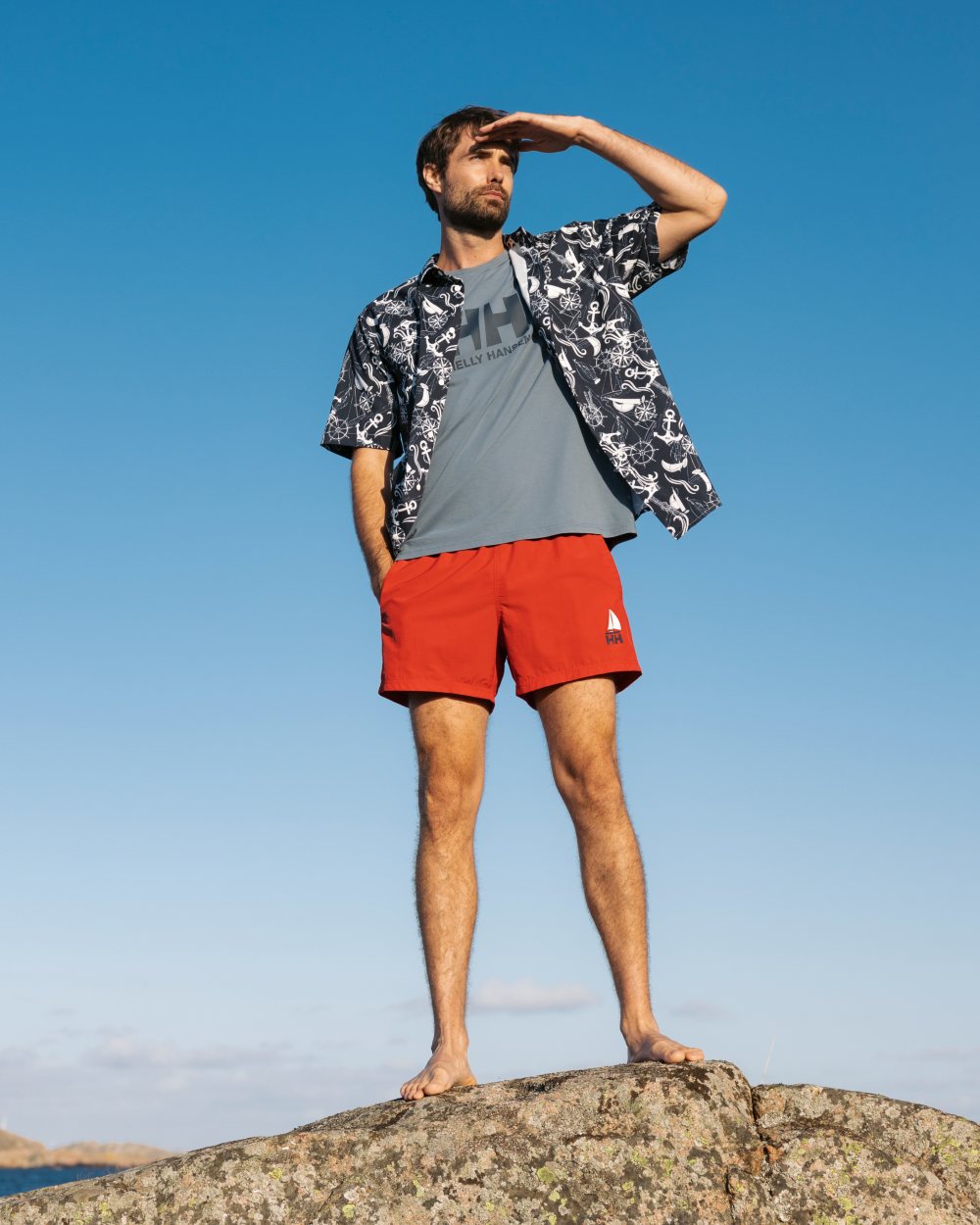 Navy Nautical Aop Coloured Helly Hansen Mens Fjord Quick Dry Short Sleeve Shirt 2.0 on Outdoor Background
