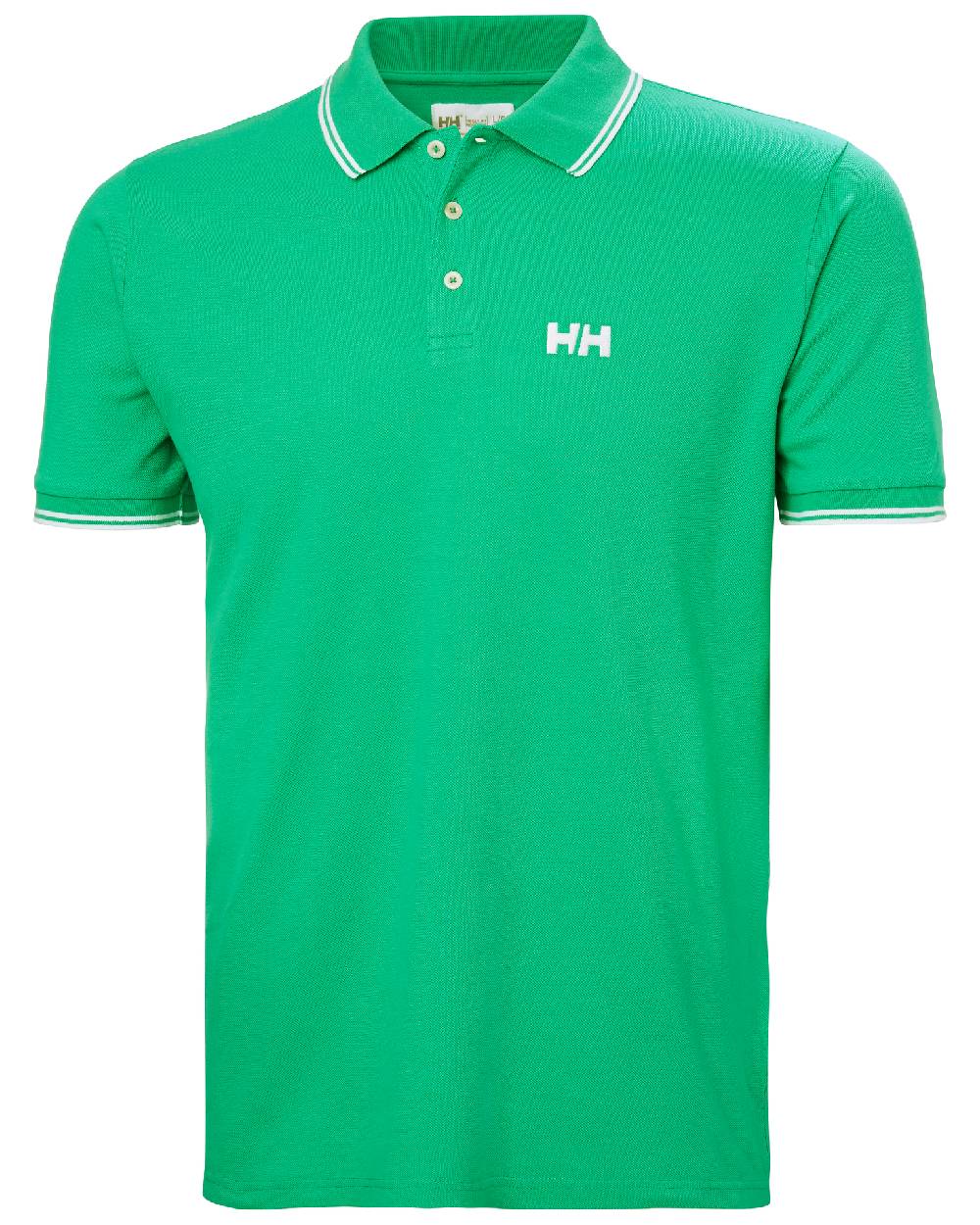 Bright green coloured Helly Hansen Mens Genova Polo T-Shirt on white background 