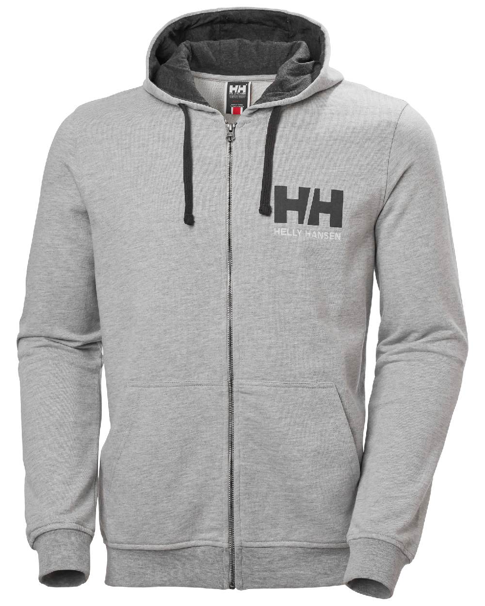 Grey Melange coloured Helly Hansen Mens Full Zip Logo Hoodie on white background 