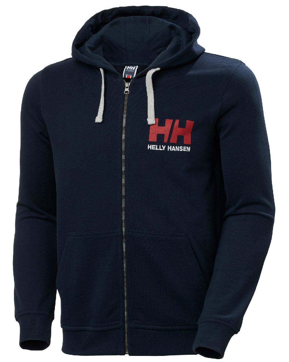 Navy coloured Helly Hansen Mens Full Zip Logo Hoodie on white background 