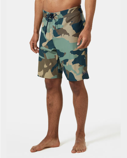 Cactus Camo Coloured Helly Hansen Mens HP 9 inch Board Shorts 3.0 on grey background 