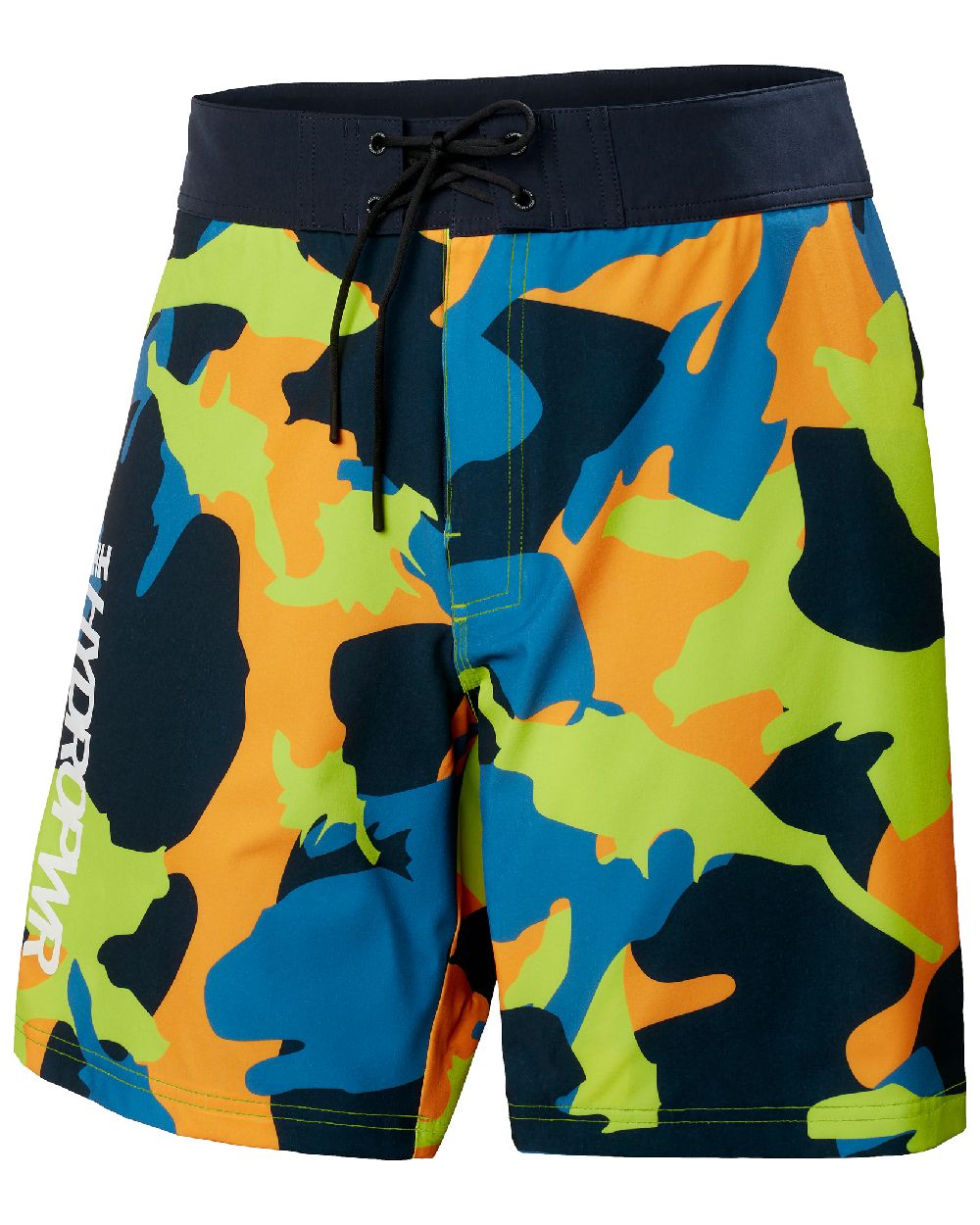 Azid Lime Camo coloured Helly Hansen Mens HP 9 inch Board Shorts 2.0 on white background 