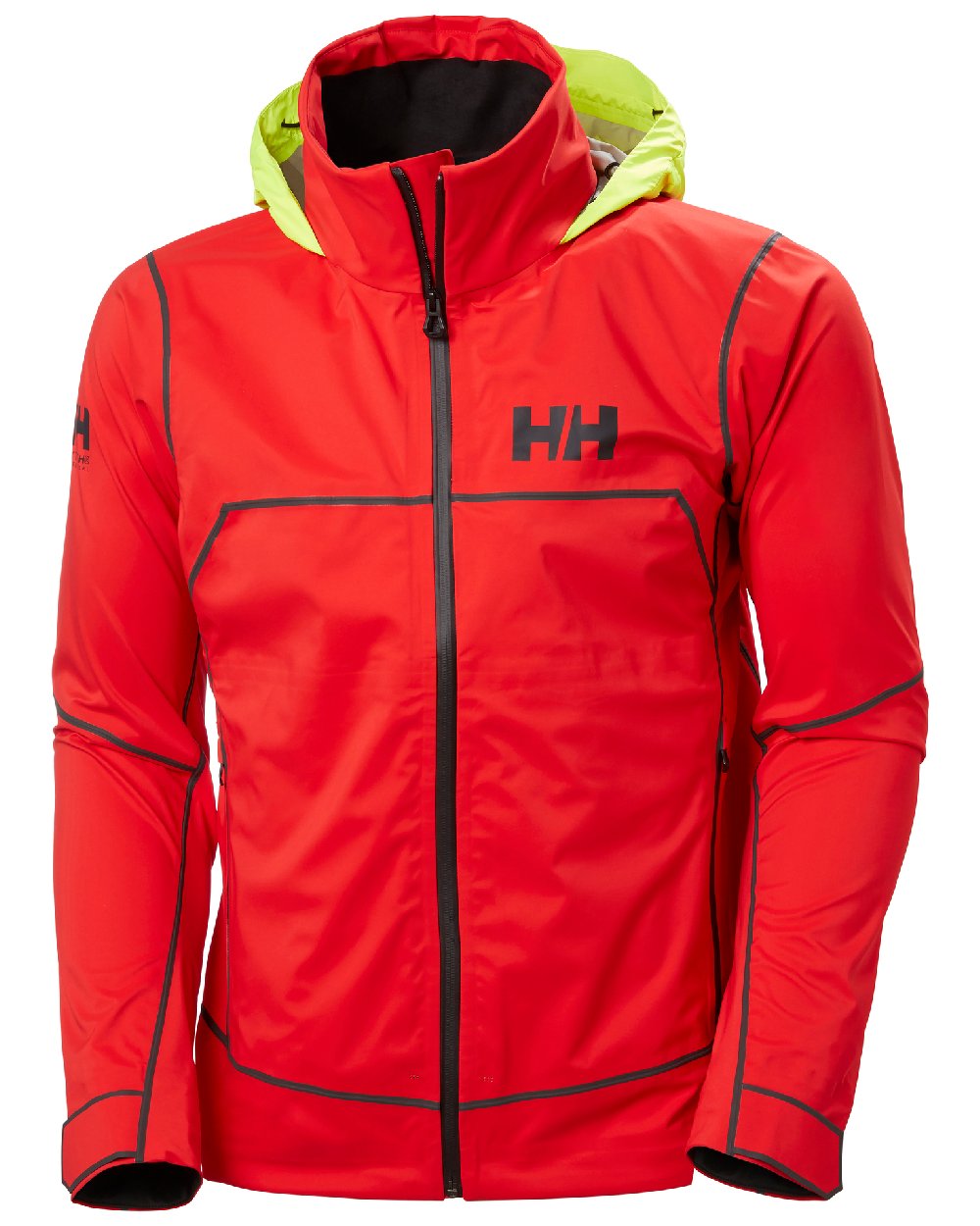 Alert Red coloured Helly Hansen Mens HP Foil Shell Jacket on grey background 