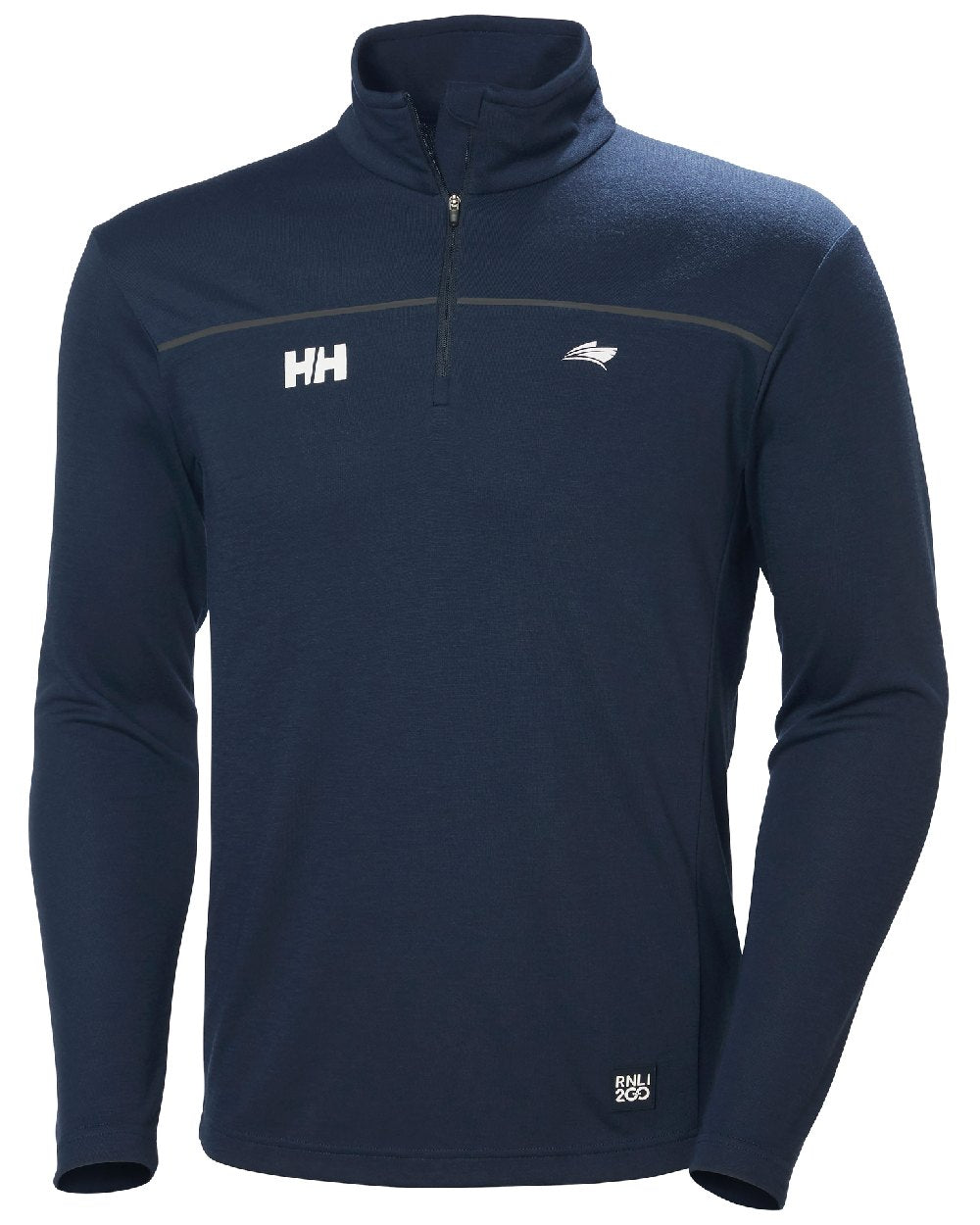 RNLI Bicen NAVY Coloured Helly Hansen Mens HP Half Zip Pullover on white background 