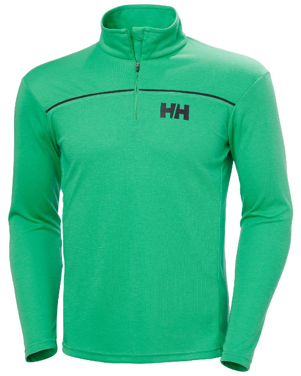 Bright Green coloured Helly Hansen Mens HP Half Zip Pullover Shirt on white background 