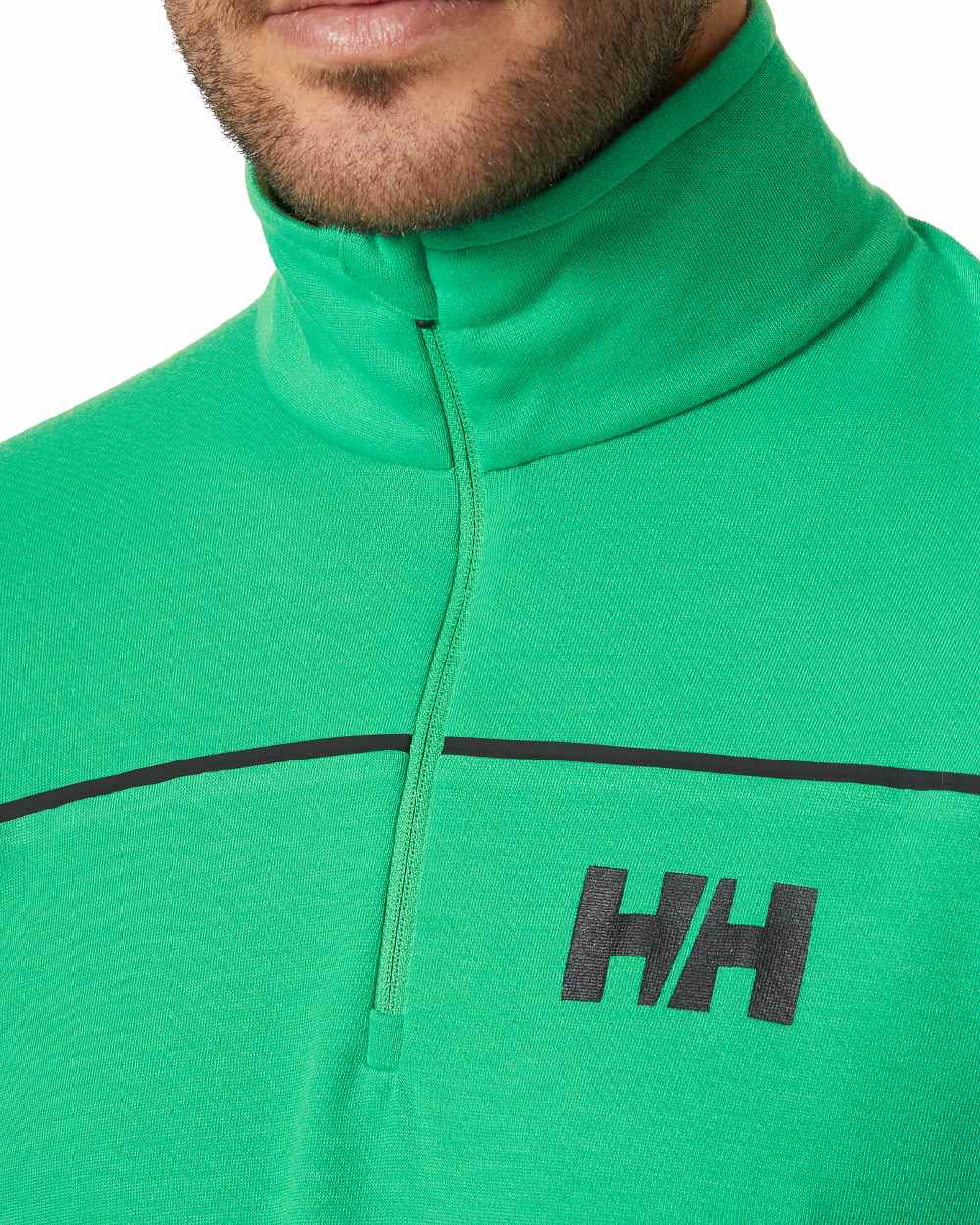 Bright Green coloured Helly Hansen Mens HP Half Zip Pullover Shirt on white background 