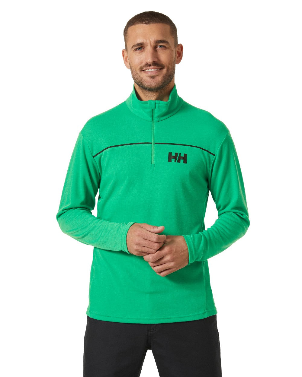 Bright Green coloured Helly Hansen Mens HP Half Zip Pullover Shirt on white background 