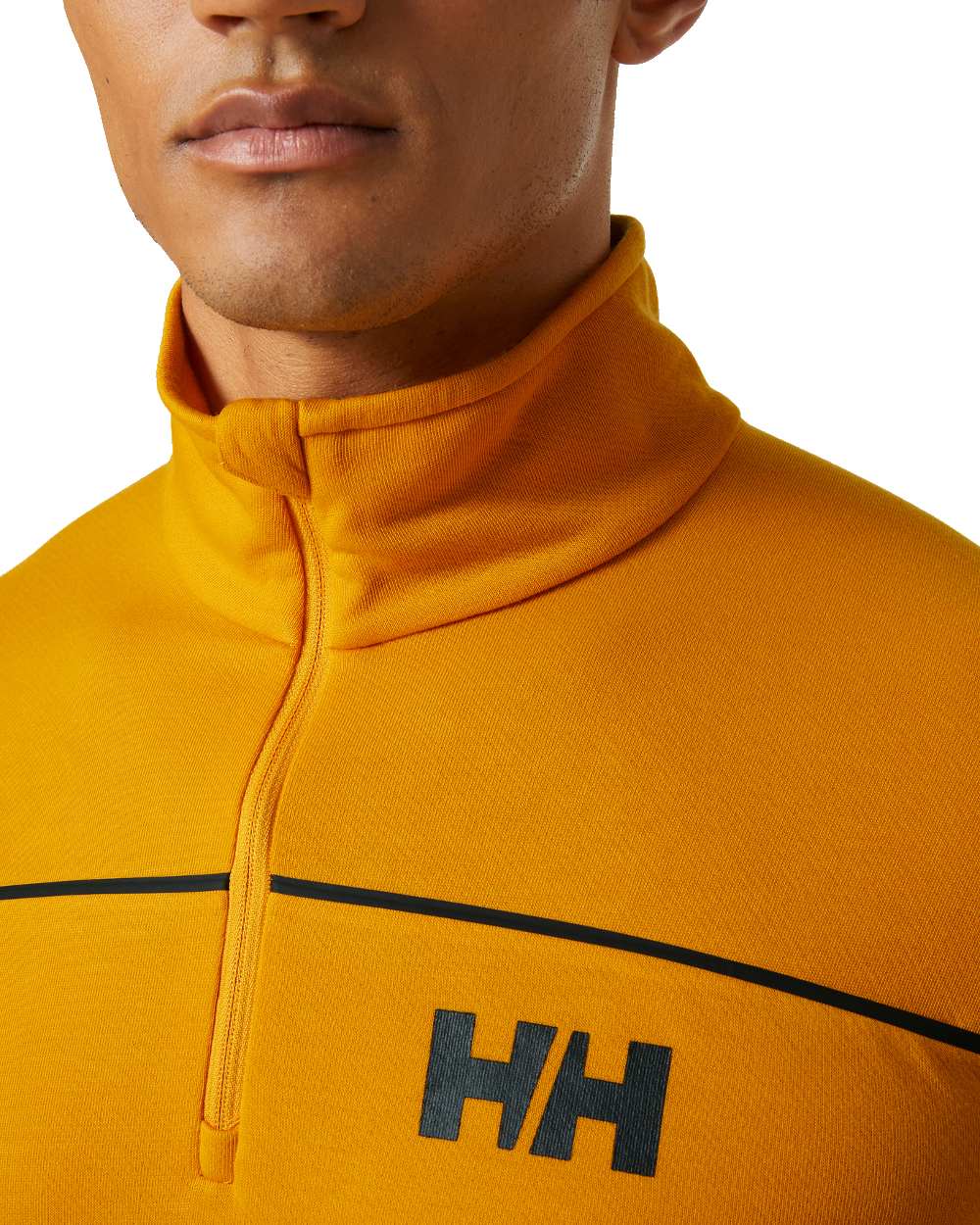 Cloudberry coloured Helly Hansen Mens HP Half Zip Pullover Shirt on white background 