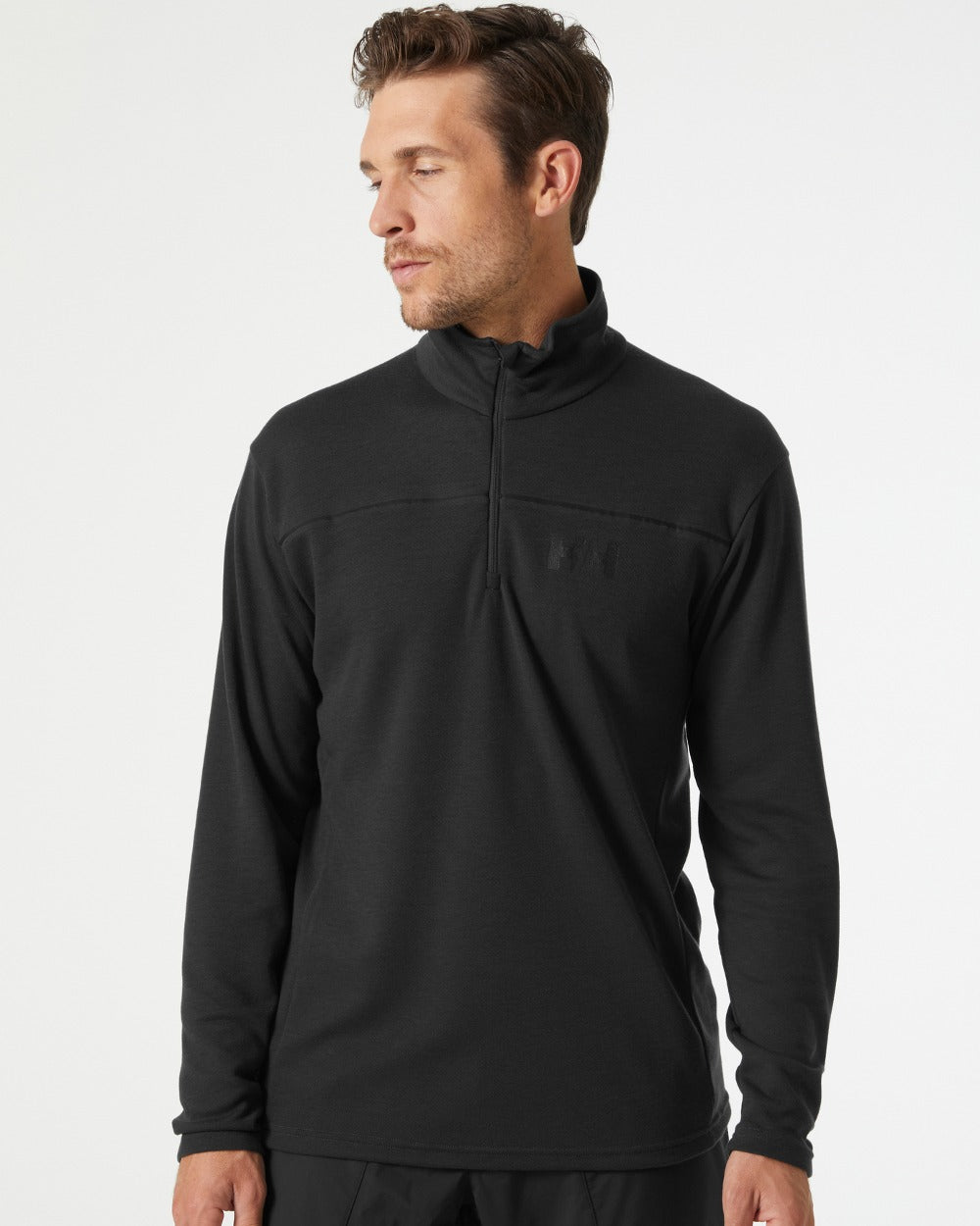 Ebony coloured Helly Hansen Mens HP Half Zip Pullover Shirt on grey background 