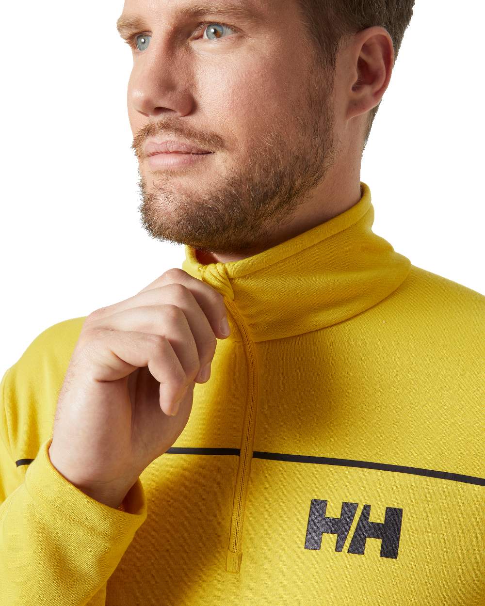 Gold Rush coloured Helly Hansen Mens HP Half Zip Pullover Shirt on white background 