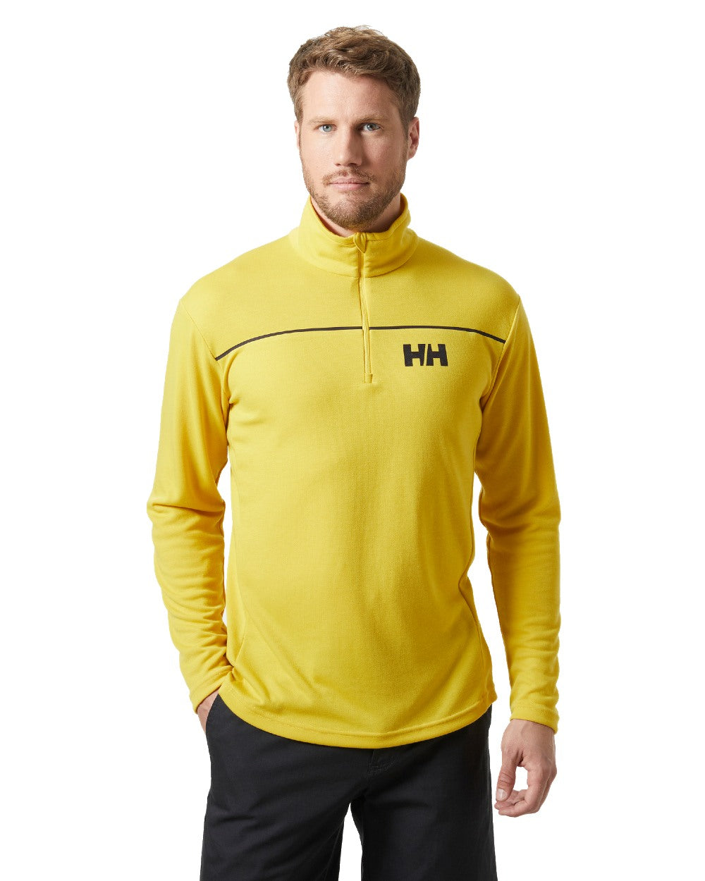 Gold Rush coloured Helly Hansen Mens HP Half Zip Pullover Shirt on white background 