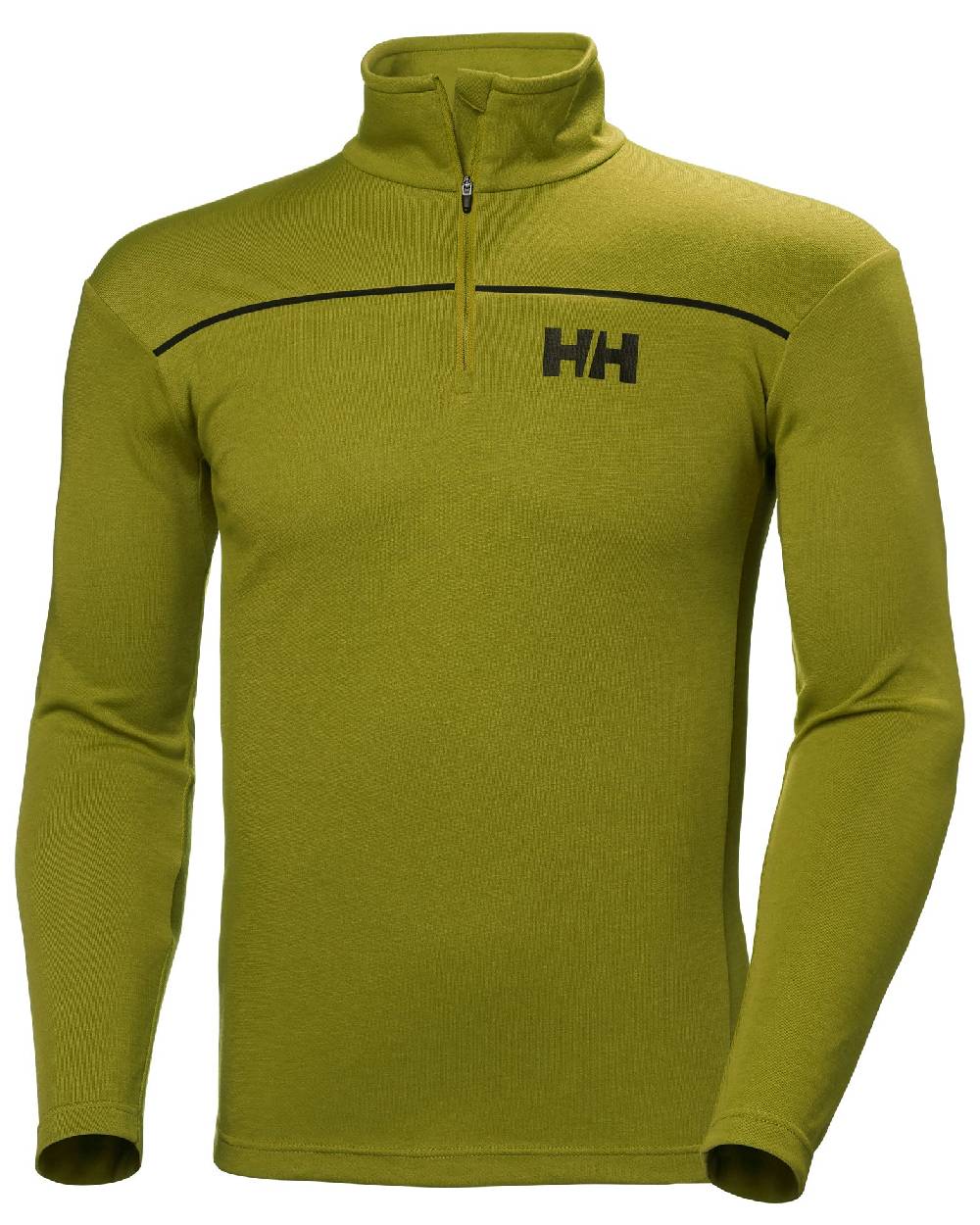 Olive Green coloured Helly Hansen Mens HP Half Zip Pullover Shirt on white background 