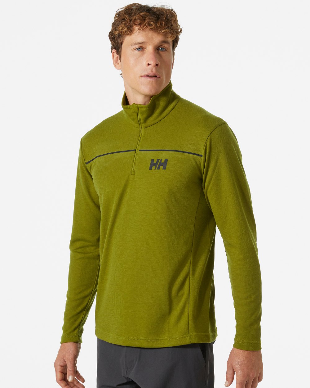 Olive Green coloured Helly Hansen Mens HP Half Zip Pullover Shirt on white background 